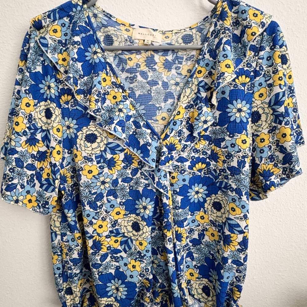 MELLODAY Blue and Yellow Floral Blouse